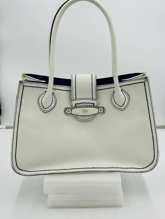 Antonio Melani White Leather Satchel Bag Magnetic Closure Blue Trim