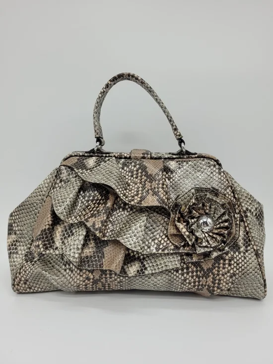 Nicole Miller Faux Snakeskin Top Handle Bag Ruffle Beige Black Python Y2K Purse