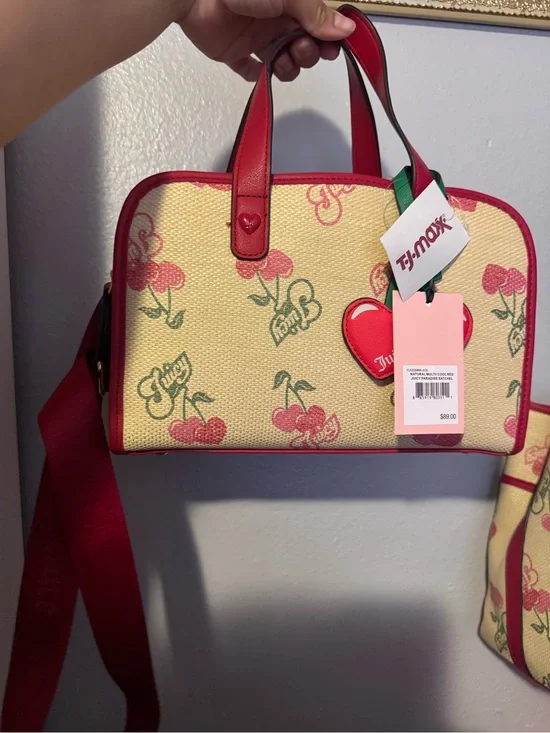 Juicy Couture Red-Trim Cream Cherry Print Satchel