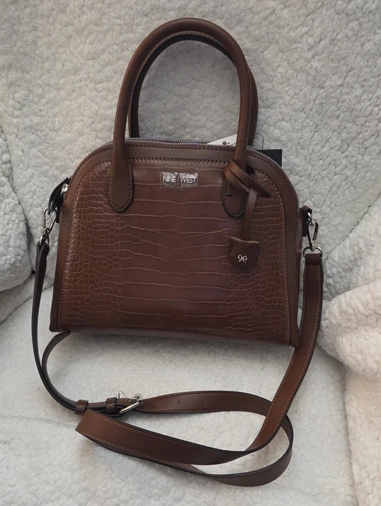 Nine West Brown Croc-Embossed Satchel with Crossbody Strap