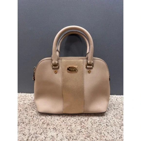 Michael Kors Satchel Womens Beige Gold‎ Saffiano Leather Dome Bag Small