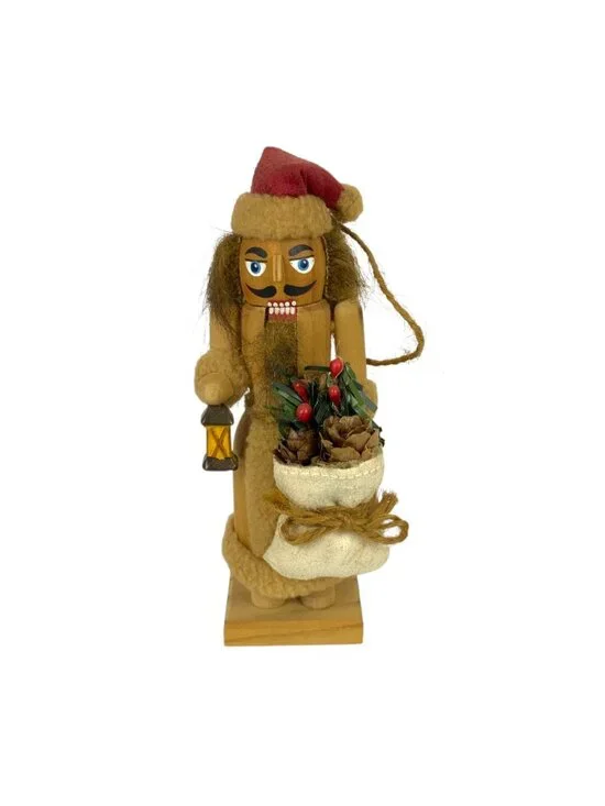 Handcrafted Wooden Santa Nutcracker Christmas Ornament Lantern Sack Of Pinecones