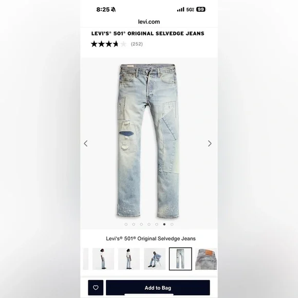 Levi's 501 Jeans, Men's, 32x32 Rare Happy To Be Here Destructed Hemp Selvedge