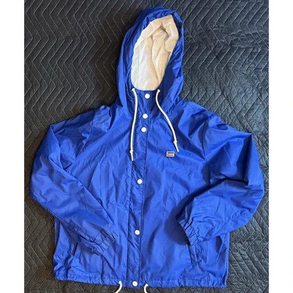 Levi's Jacket Mens L Blue Hooded Nylon Windbreaker Lined Snap Front 90s
