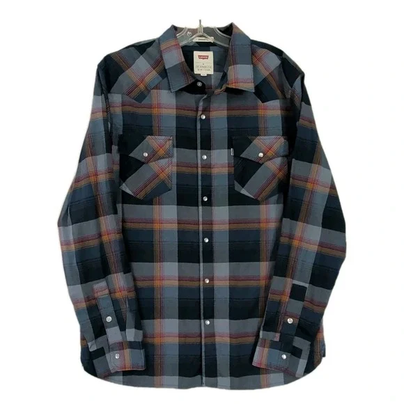Levi Pearl Snap‎ Long Sleeve Shirt Mens XL Blue Plaid Western Rodeo Landman