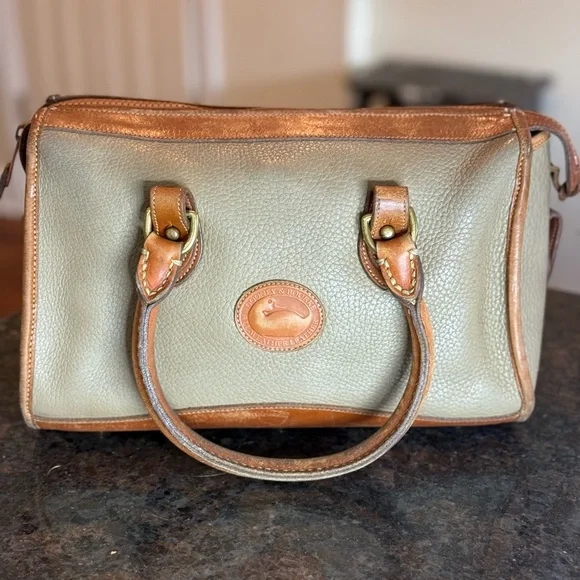 Vintage Dooney & Bourke Olive Green and Brown Leather Satchel with Brass Accents