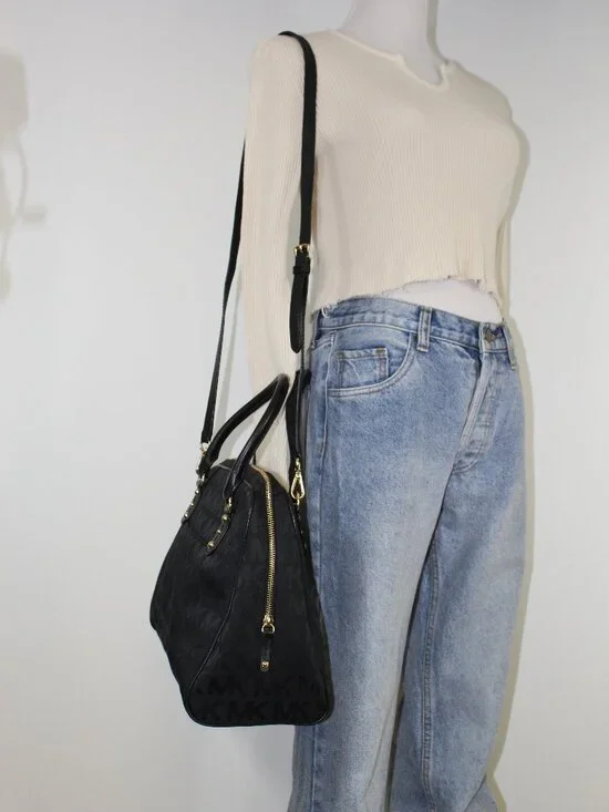 Michael Kors Black‎ Logo Satchel Canvas Leather Crossbody Bag Gold Hardware