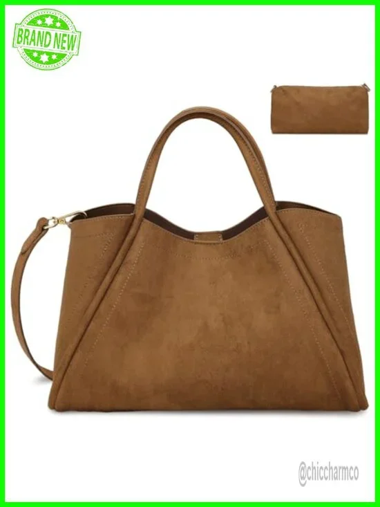 Faux Leather Suede Crossbody Satchel with Adjustable Strap & Inner Pouch
