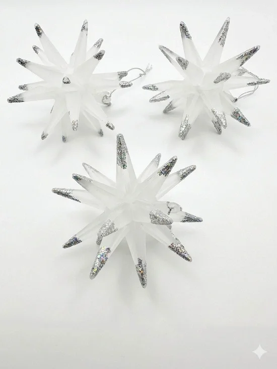 Acrylic Stars Vintage Christmas Ornaments Frosted White Silver Tipped 3pcs 3”x3”