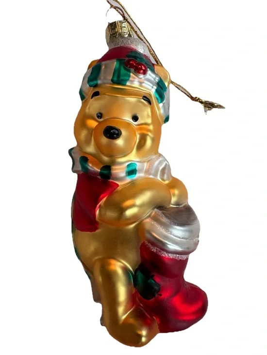 DISNEY Pooh Bear Vintage  CHRISTMAS Ornament Mouth Hand Blown Pooh with Stocking