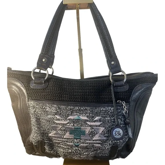 THE SAK‎ CASUAL CLASSICS BLACK LEATHER CROCHET HANDBAG Purse