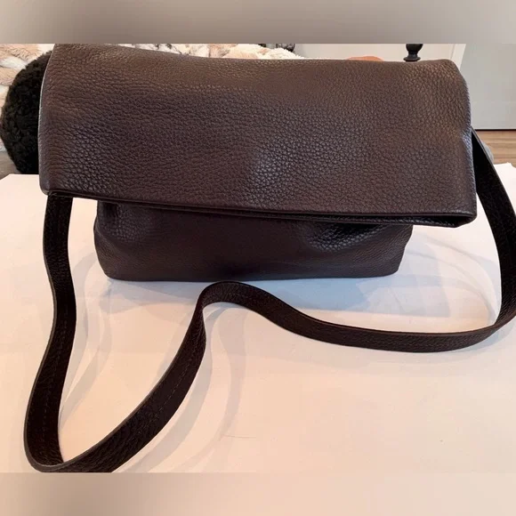 & Other Stories Brown Pebbled Leather Foldover‎ Crossbody Bag Minimal