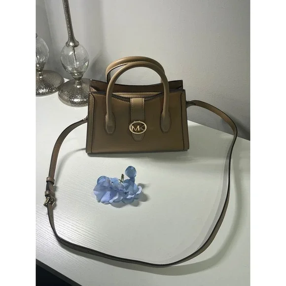 Michael Kors Tan Satchel Crossbody Bag‎ Gold Logo Medallion Handbag