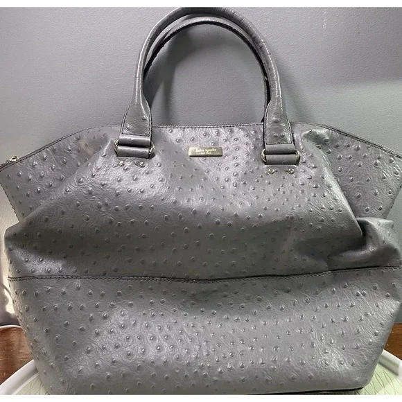 Kate Spade Blaine Windsor Large Gray Ostrich Embossed Leather Satchel Bag‎