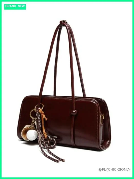 Glossy Faux Leather Top Handle Satchel Crossbody with Baseball Charm