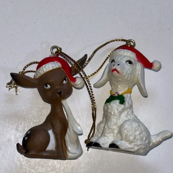 MCM ANTHROPOMORPHIC ANIMALS IN SANTA HATS Christmas Ornaments with Santa Hats