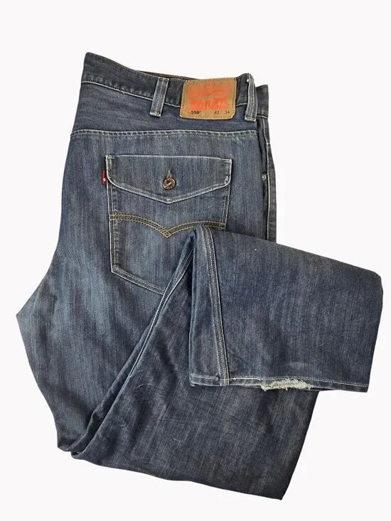 Levis 559 Relaxed Straight Jeans 42x34 Distressed Hem Medium Wash Mens Denim
