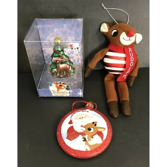 Rudolph the Red Nosed Reindeer Glass Ornaments Set of 3 with Santa Claus Dan Dee