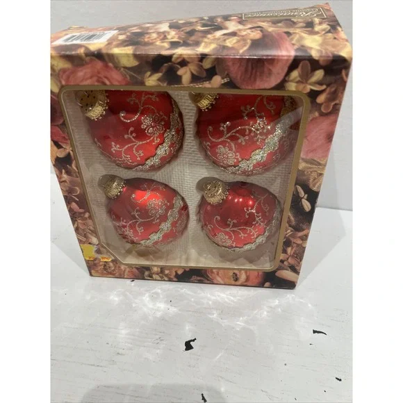 Four Vintage‎ Krebs Glass Holiday Red Christmas Ornaments Brocade Design
