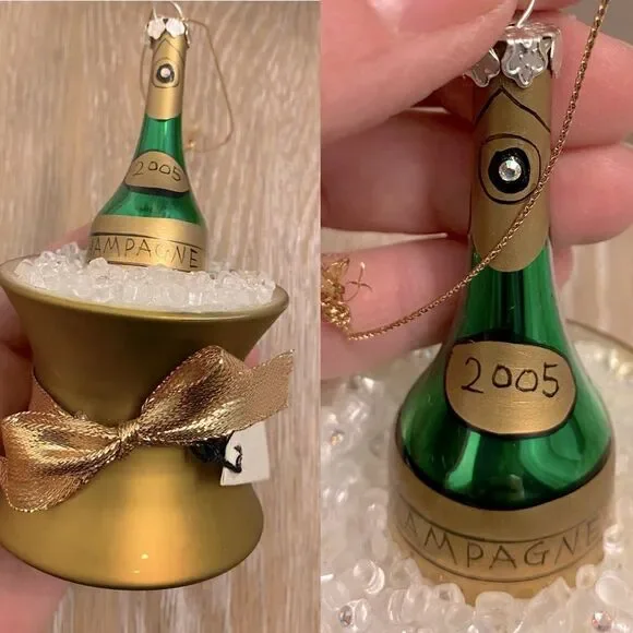 Christmas Vintage blown Glass holiday ornament champagne bucket bottle 2005 5”