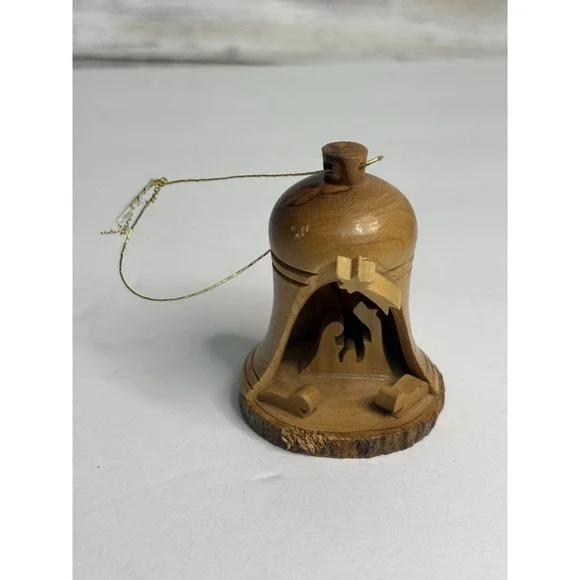 Handcrafted Wooden Christmas Ornament Bell W/ nativity scene 3.5