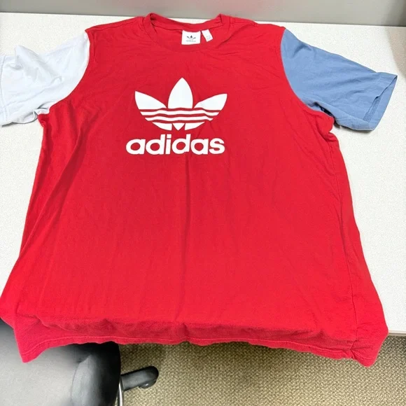 Adidas  Mens Red with  Blue-Grey sleeves ‎ Logo T-Shirt