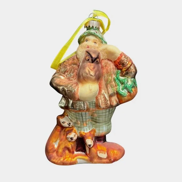 Dillards Woodland Santa Owl Foxes Glass Christmas Ornament Plaid Pants Glitter