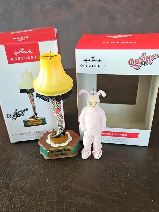 Hallmark A Christmas Story yellow leg lamp and pink bunny Ralphie ornaments