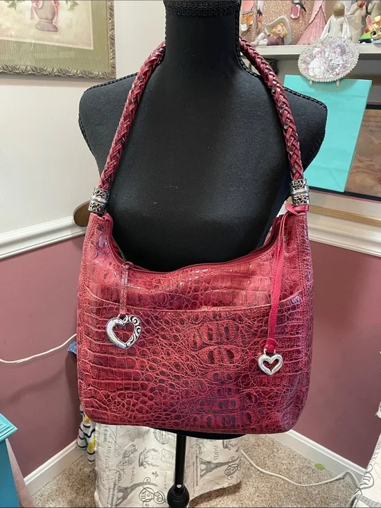 Red Textured Brighton Shoulder Bag with Heart Charms