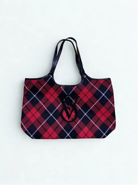 Victoria’s Secret Red Tartan Plaid Black Faux Leather Handle Tote Bag