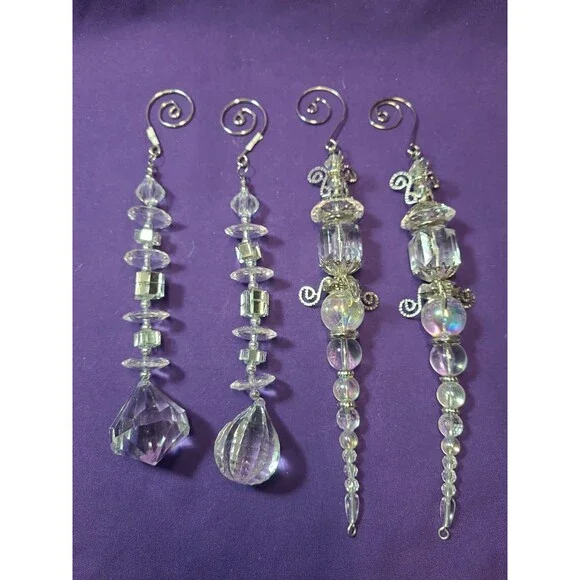 4 Crystal Beaded Christmas Dangle Icicles Ornaments Holiday Home Decor