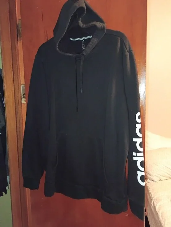 Mens Size XL adidas Black Hoodie with White Sleeve Text