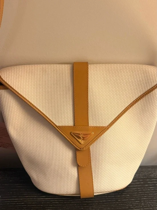 Yves Saint Laurent Cream Shoulder Bag with Tan Leather Trim