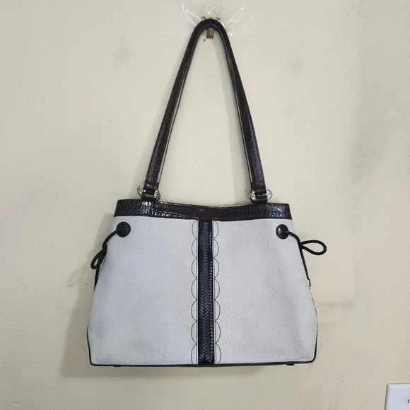 Brighton Shoulder Bag Hand Bag Medium White Brown Leather Heart Shapes Details