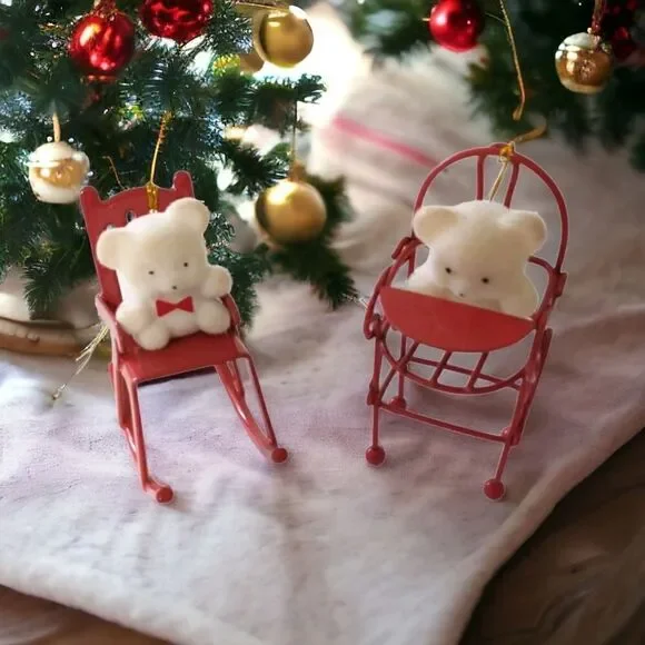 Avon Flocked Teddy Bear Ornament Lot x‎ 2 Red Metal Rocking Chair High Chair.