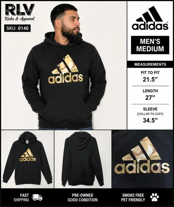 Adidas Hoodie Men’s Medium Black Desert Camo Logo Pullover Sweatshirt GV2126