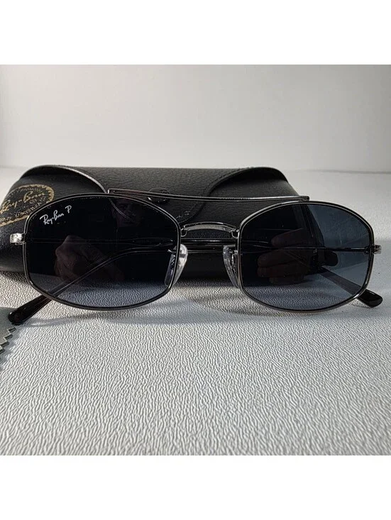 Ray-Ban RB3719 Oval Polarized Sunglasses -Gunmetal Frame /Blue Lenses W/Case