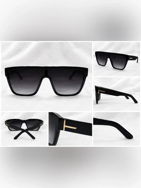 Black Oversized Shield Sunglasses with Gold Accent