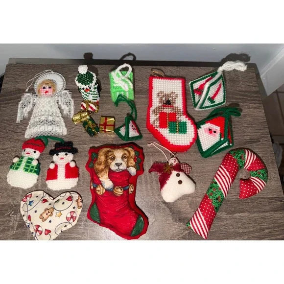 Vintage Christmas Ornament Lot Plastic Canvas Needlepoint Handmade Retro
