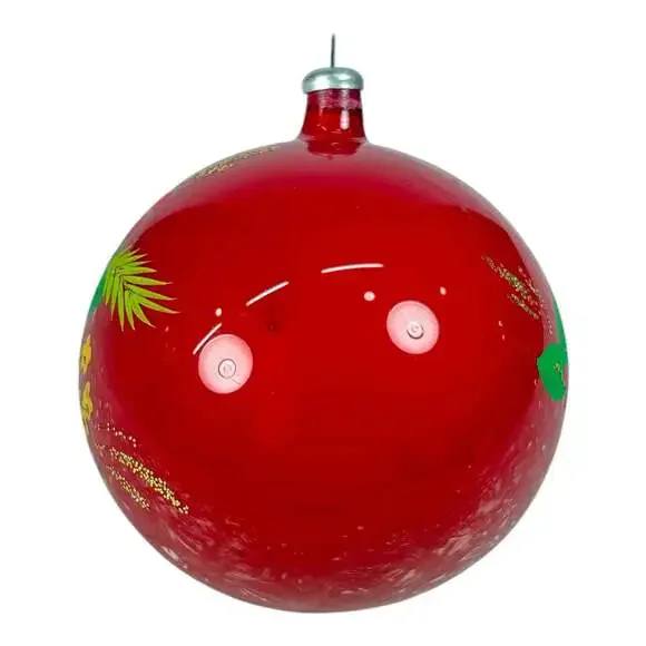 Vintage 3” Red Glass Floral Hand Painted Flowers Christmas Ornament Ball