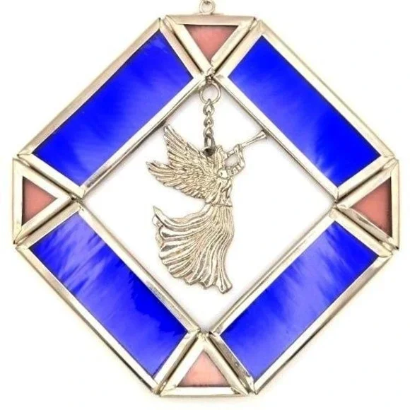 Stained Glass‎ Angel Ornament Silver Tone Metal Frame Blue Pink Christmas Decor