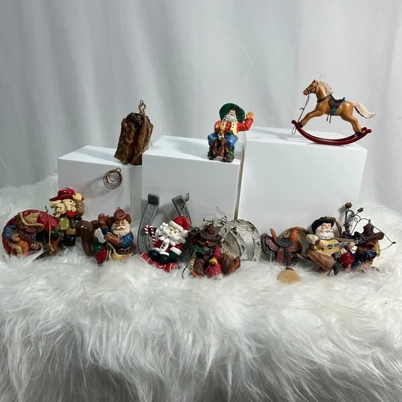 Western Cowboy Santa Ornaments Lot Set of 13 Unique Christmas Decorations‎