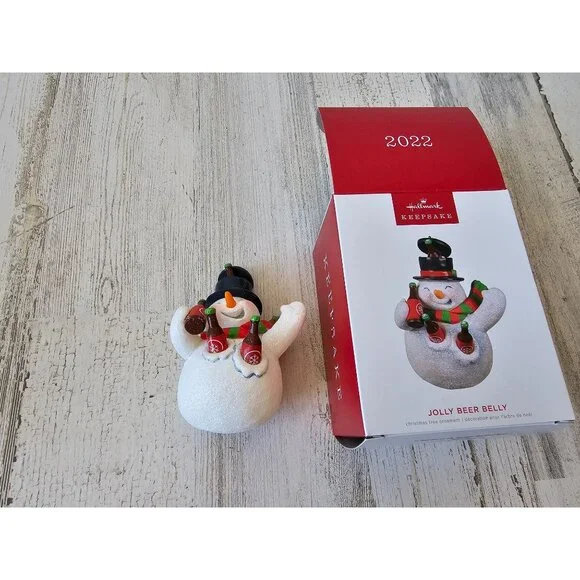Hallmark jolly beer belly snowman ornament new‎ Xmas tree