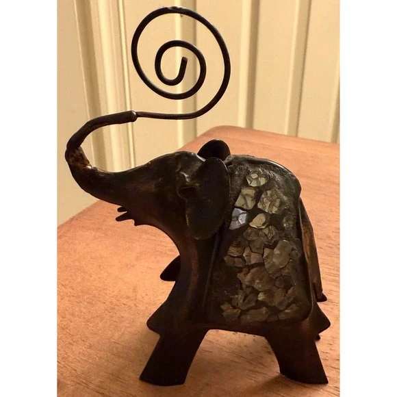 Vintage Metal Elephant With Glass Picture‎ Holder Note Card Photo Ornate Animal