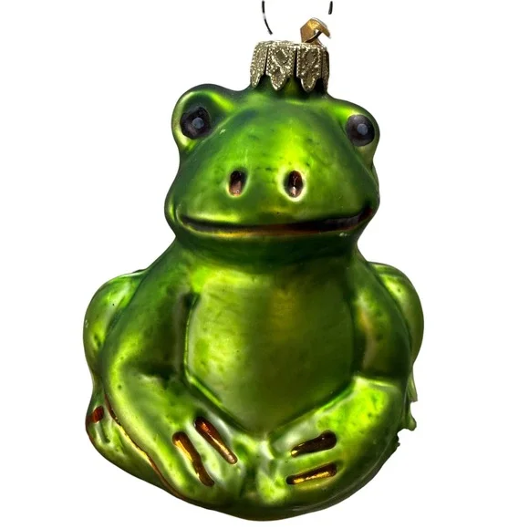 Discovery Channel Store Glass Frog Christmas Ornament‎ Shiny Green Sitting