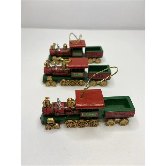 Vintage Wooden Train Christmas Ornaments Set of 3‎ ICRR 382 Steam Engine