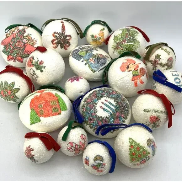 Set 18 Sugar Coated Frosted Christmas Tree Ornaments Retro 1960s Day Glo Kitsch