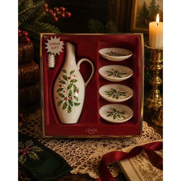 Lenox Holiday Oil Bottle Gift Set NIB Holly Cruet 4 Dipping Dishes Christmas