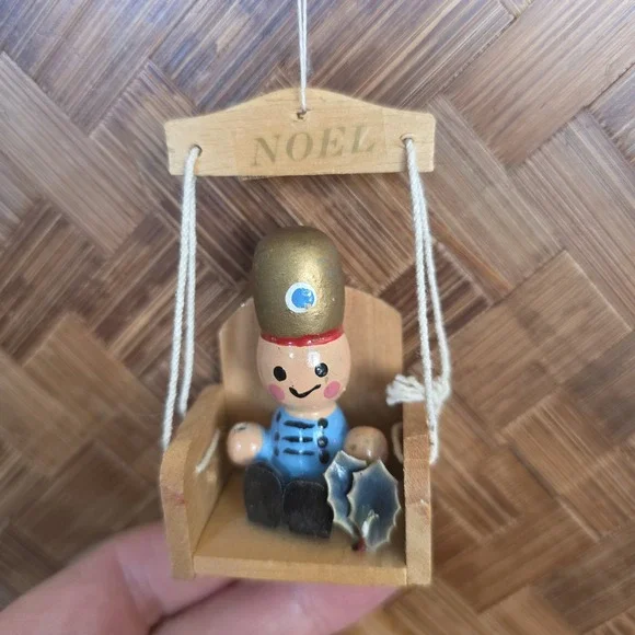 Little‎ Wooden Drummer Boy On A Swing Christmas Ornament Wood Noel Hand Painted
