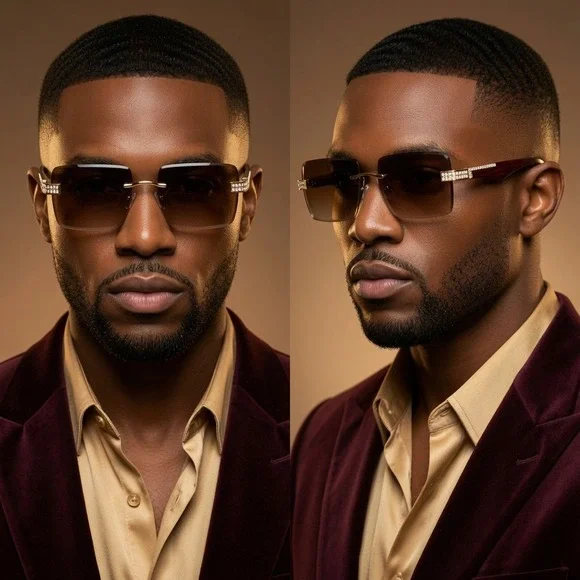 Rimless Sunglasses Men Square‎ Rhinestone Brown Lens Fashion Shades Street Wear